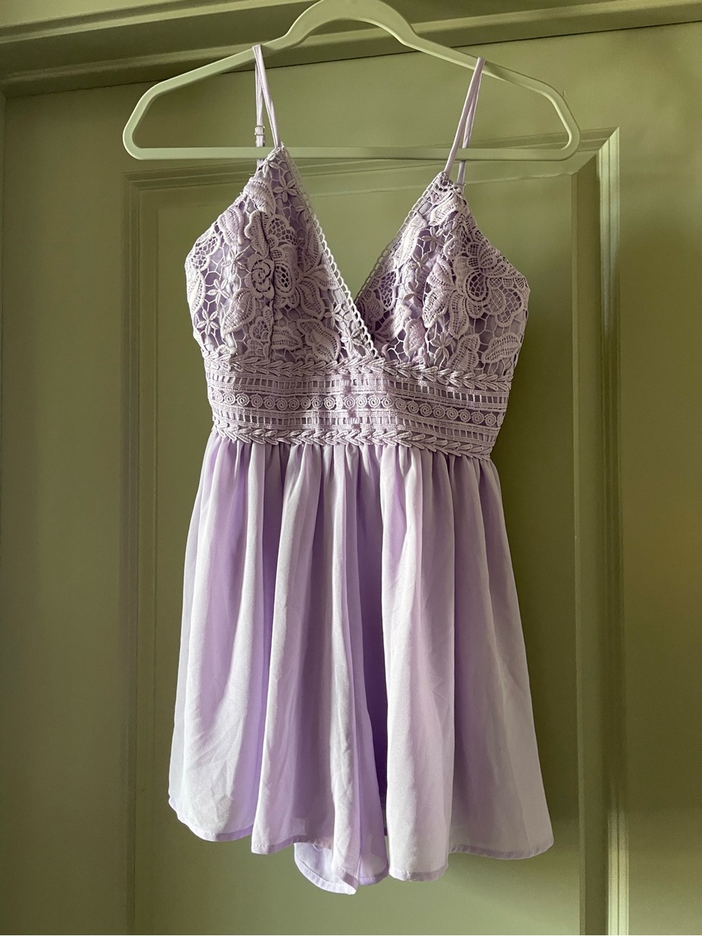 NWOT Revamped Lavender Crochet & Chiffon Romper